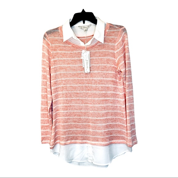 NWT KC Khaki & Co Sweater Blouse Size Small Coral and Ivory Light Stripes - Picture 2 of 6